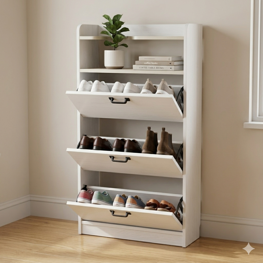 Loft Shoe Cabinet. Features 3 high-capacity flip drawers, an open top-display shelf Shoe Cabinet