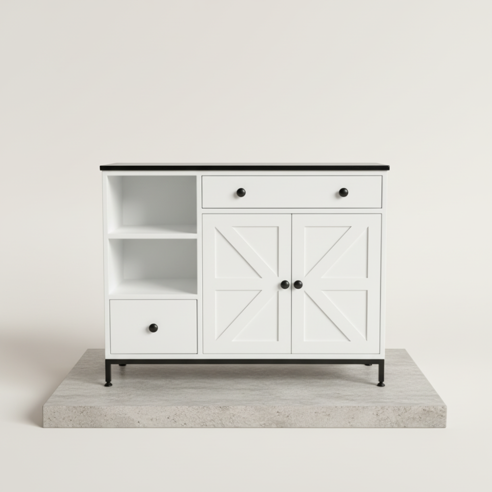 "White modern farmhouse sideboard with black metal legs and X-frame cabinet doors for Homslux furniture collection."