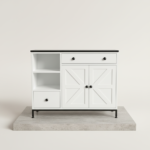 "White modern farmhouse sideboard with black metal legs and X-frame cabinet doors for Homslux furniture collection."