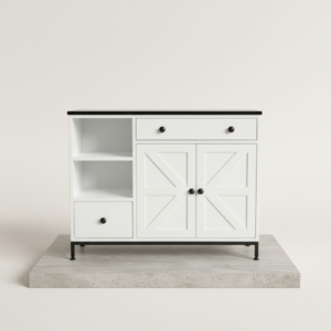 "White modern farmhouse sideboard with black metal legs and X-frame cabinet doors for Homslux furniture collection."