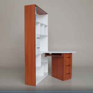Home Office Workstation – Multi-Tier Bookshelf & Desk Combo with 5-Drawer Storage