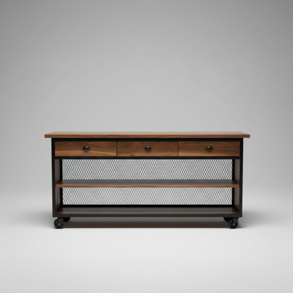 3-Drawer Wood & Metal Mesh Console