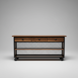 3-Drawer Wood & Metal Mesh Console