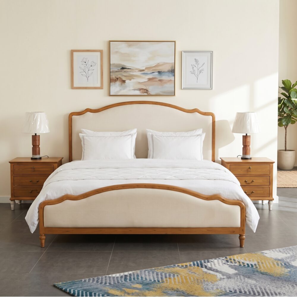 Elegant upholstered solid wood platform bed with curved headboard and footboard in natural wood finish for modern bedroom décor.