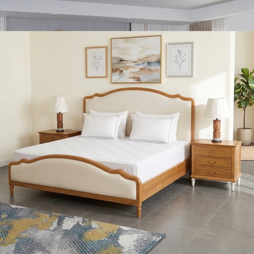 Elegant upholstered solid wood platform bed with curved headboard and footboard in natural wood finish for modern bedroom décor.