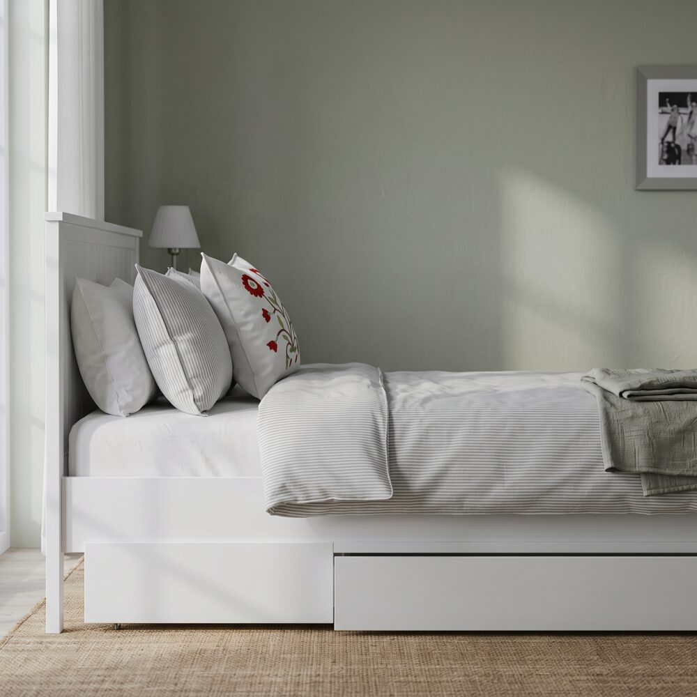 Modern white wooden platform bed with integrated pull-out storage drawer, minimalist panel headboard, and contemporary bedroom design.