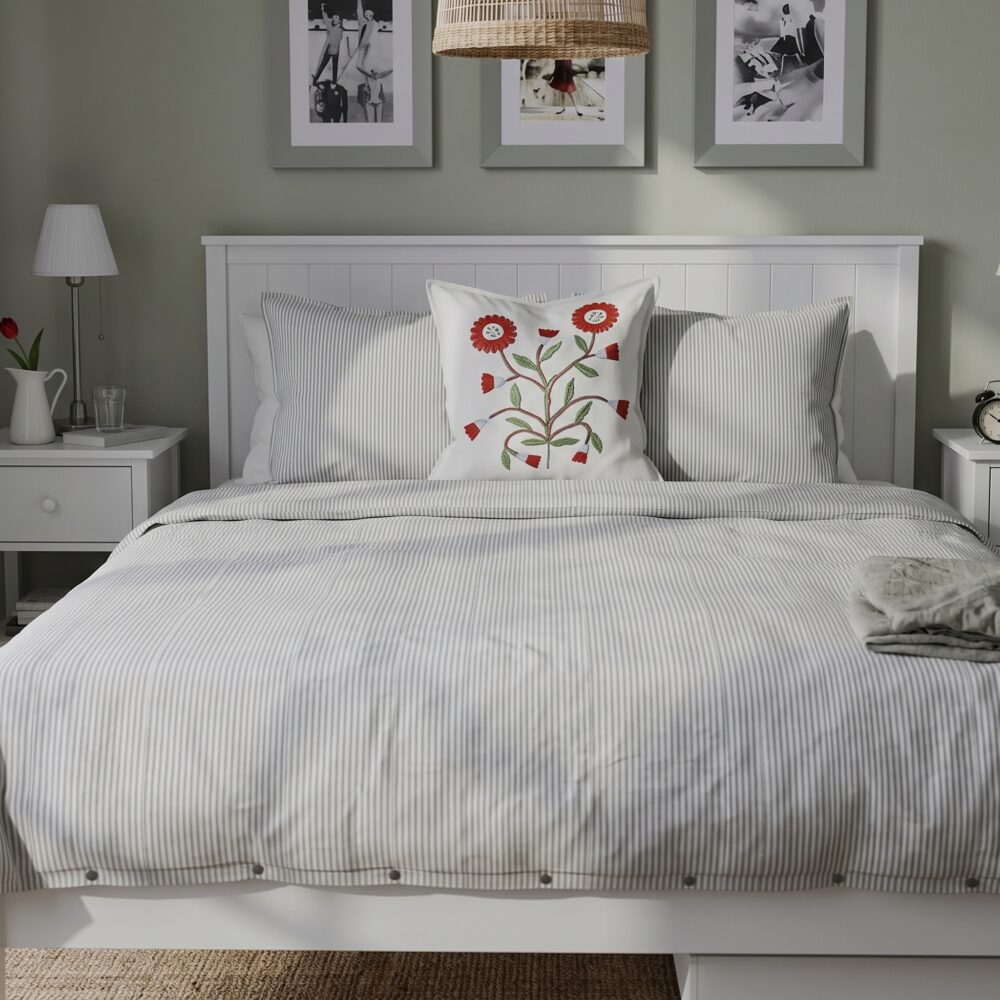 Modern white wooden platform bed with integrated pull-out storage drawer, minimalist panel headboard, and contemporary bedroom design.