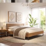 Modern rustic wooden platform bed with a natural oak finish, black metal frame, and minimalist industrial design in a contemporary bedroom.