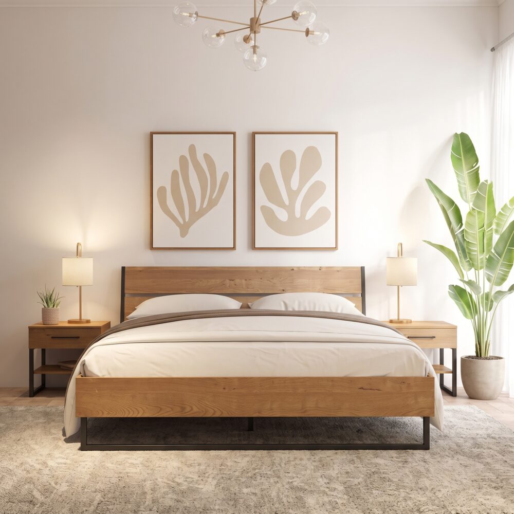 Modern rustic wooden platform bed with a natural oak finish, black metal frame, and minimalist industrial design in a contemporary bedroom.