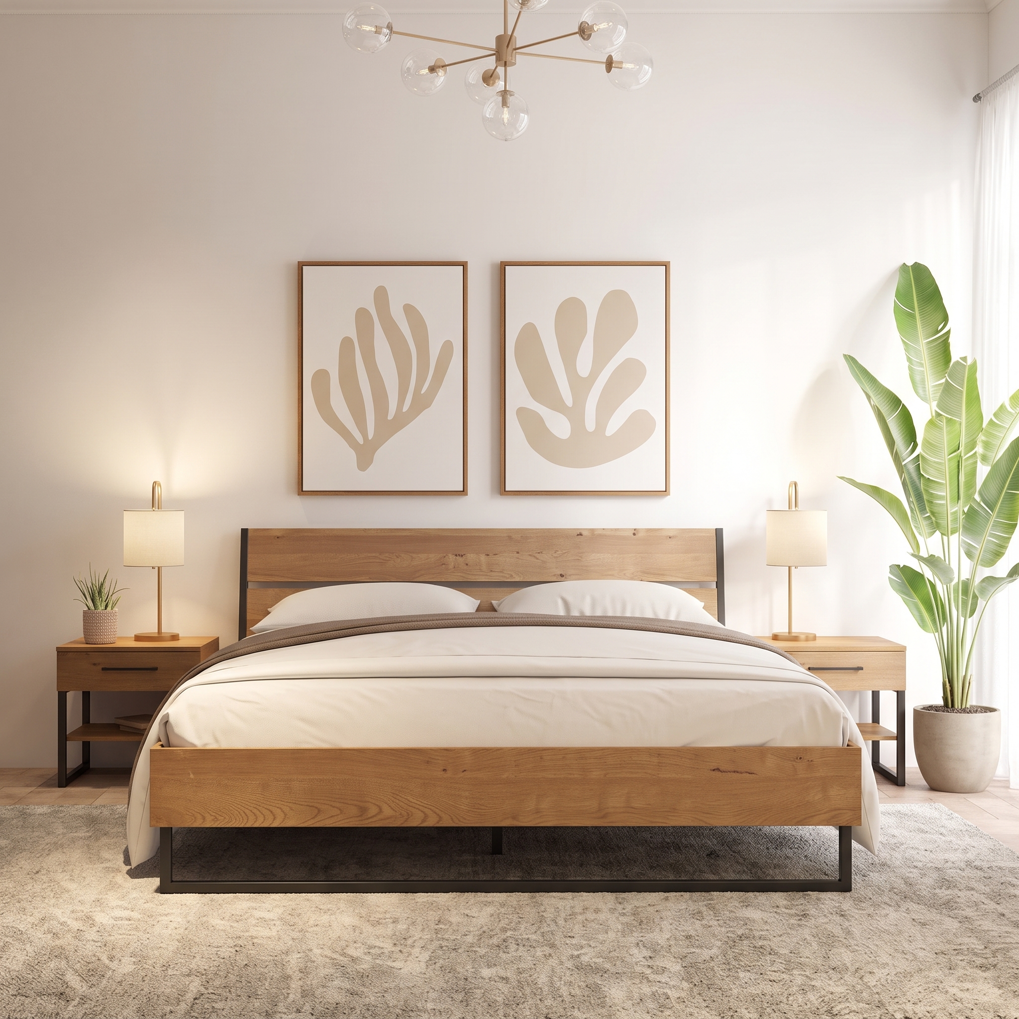 Modern Rustic Wooden Platform Bed with Black Metal Frame Modern rustic wooden platform bed with a natural oak finish, black metal frame, and minimalist industrial design in a contemporary bedroom.