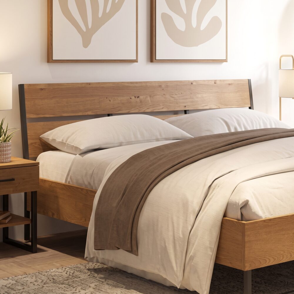 Modern rustic wooden platform bed with a natural oak finish, black metal frame, and minimalist industrial design in a contemporary bedroom.