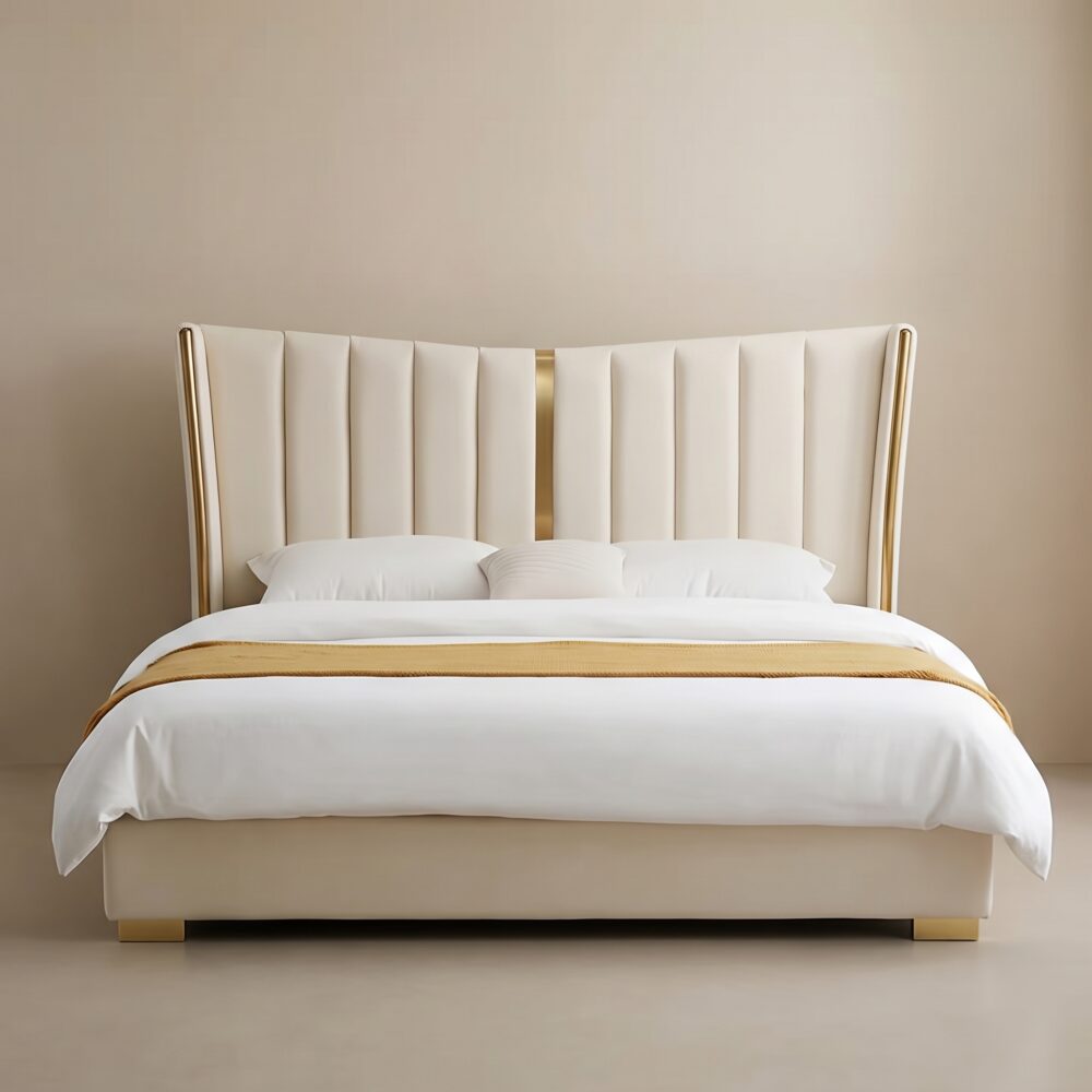 Luxury white upholstered platform bed with a tall wingback channel-tufted headboard, gold metal accents, and a contemporary minimalist design.