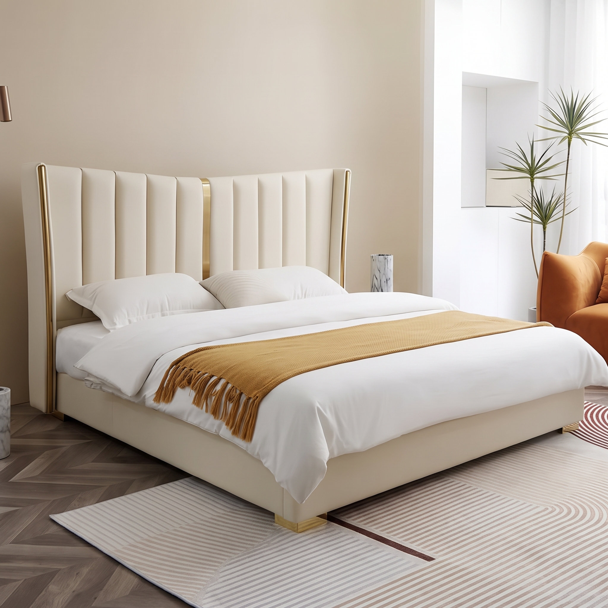Luxury White Upholstered Platform Bed with Wingback Headboard and Gold Accents Luxury white upholstered platform bed with a tall wingback channel-tufted headboard, gold metal accents, and a contemporary minimalist design.