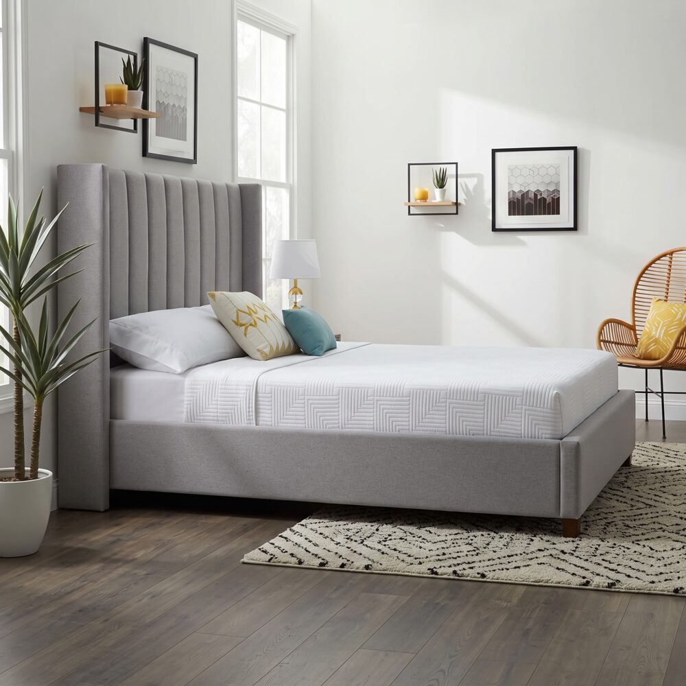 Modern grey upholstered platform bed with a tall wingback vertical channel-tufted headboard and solid wood legs in a contemporary bedroom.