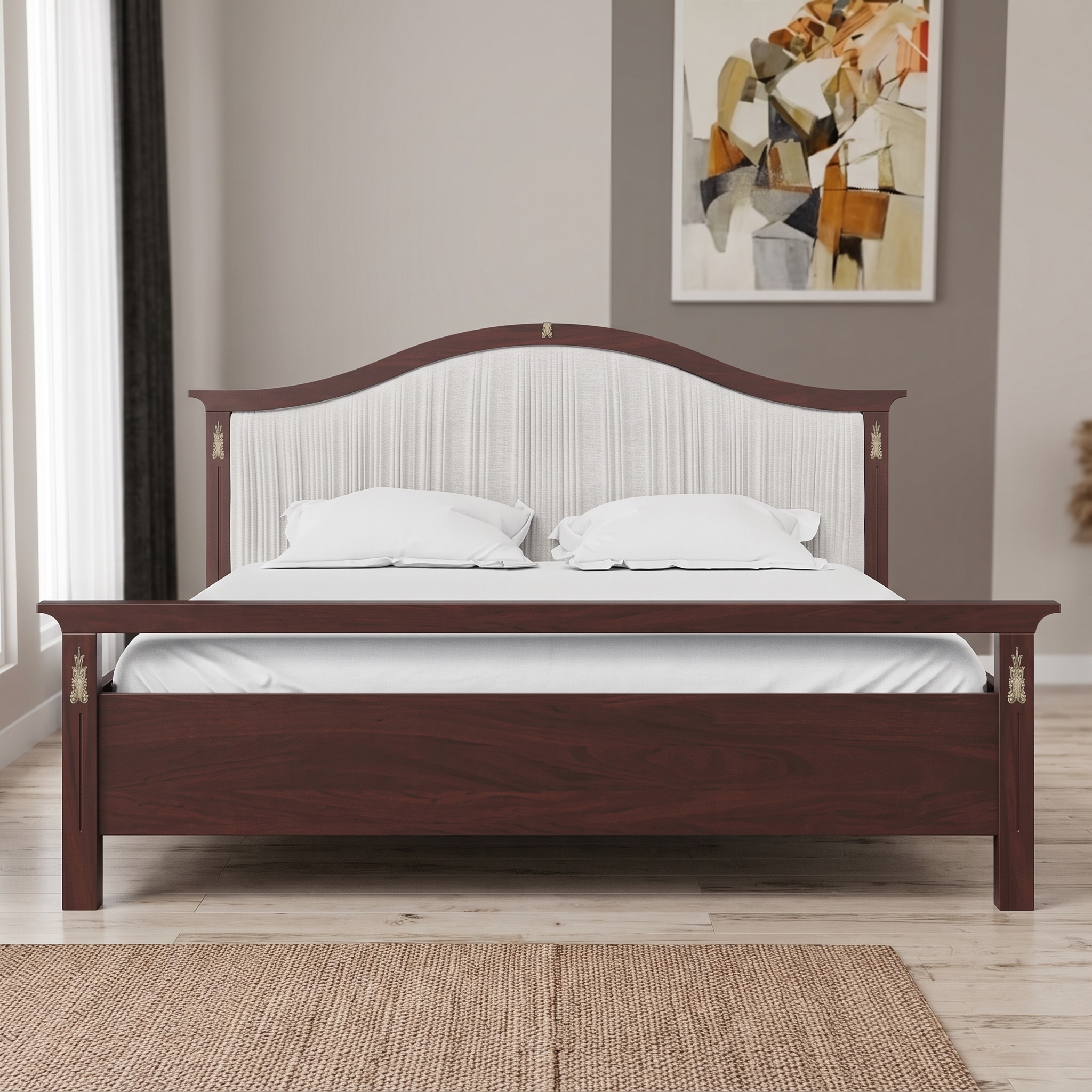 Classic Wooden Upholstered Bed with Arched Headboard Classic walnut solid wood upholstered platform bed with an elegant arched fabric headboard and decorative brass accents in a sophisticated bedroom.