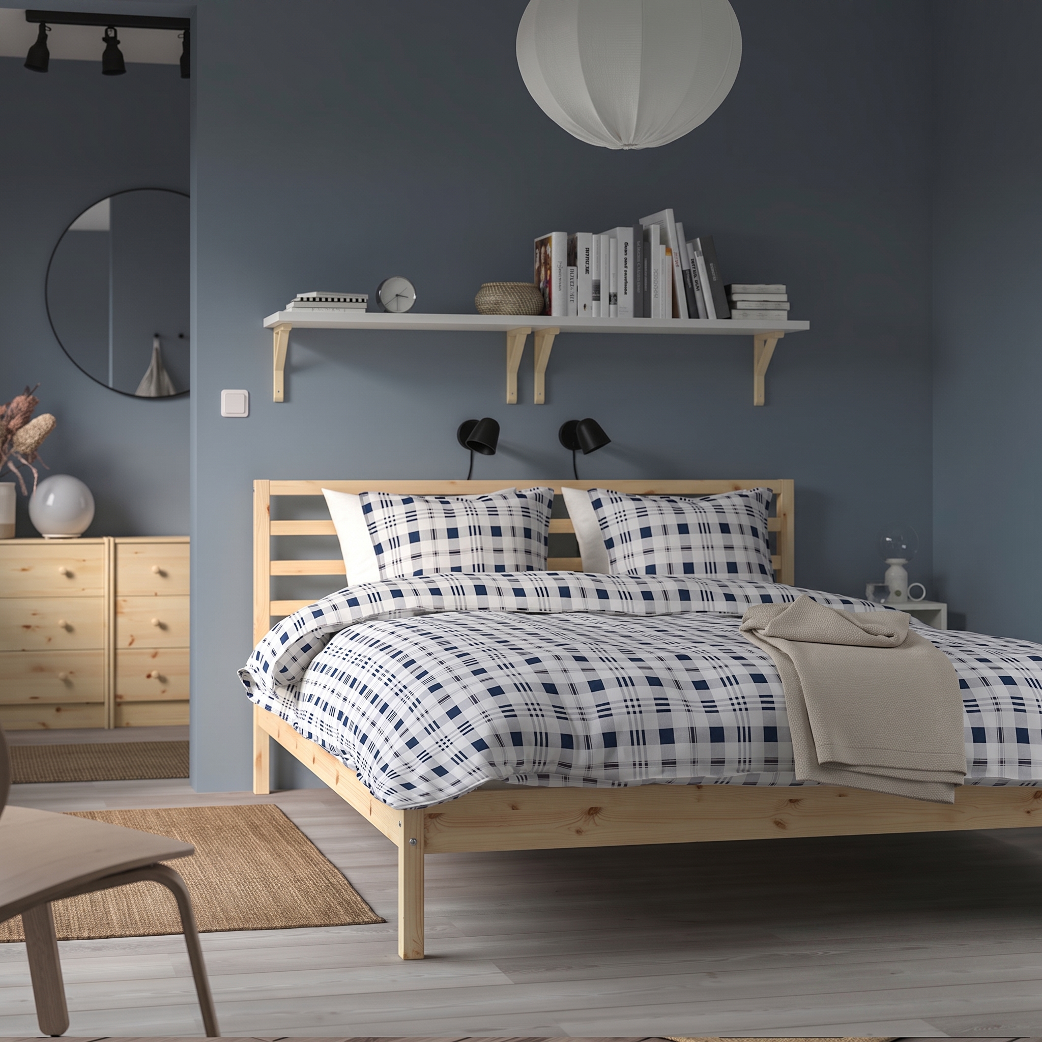 Modern Natural Wood Platform Bed with Slatted Headboard Modern natural wood platform bed with open slatted headboard in a contemporary Scandinavian bedroom featuring minimalist styling and durable wooden frame.