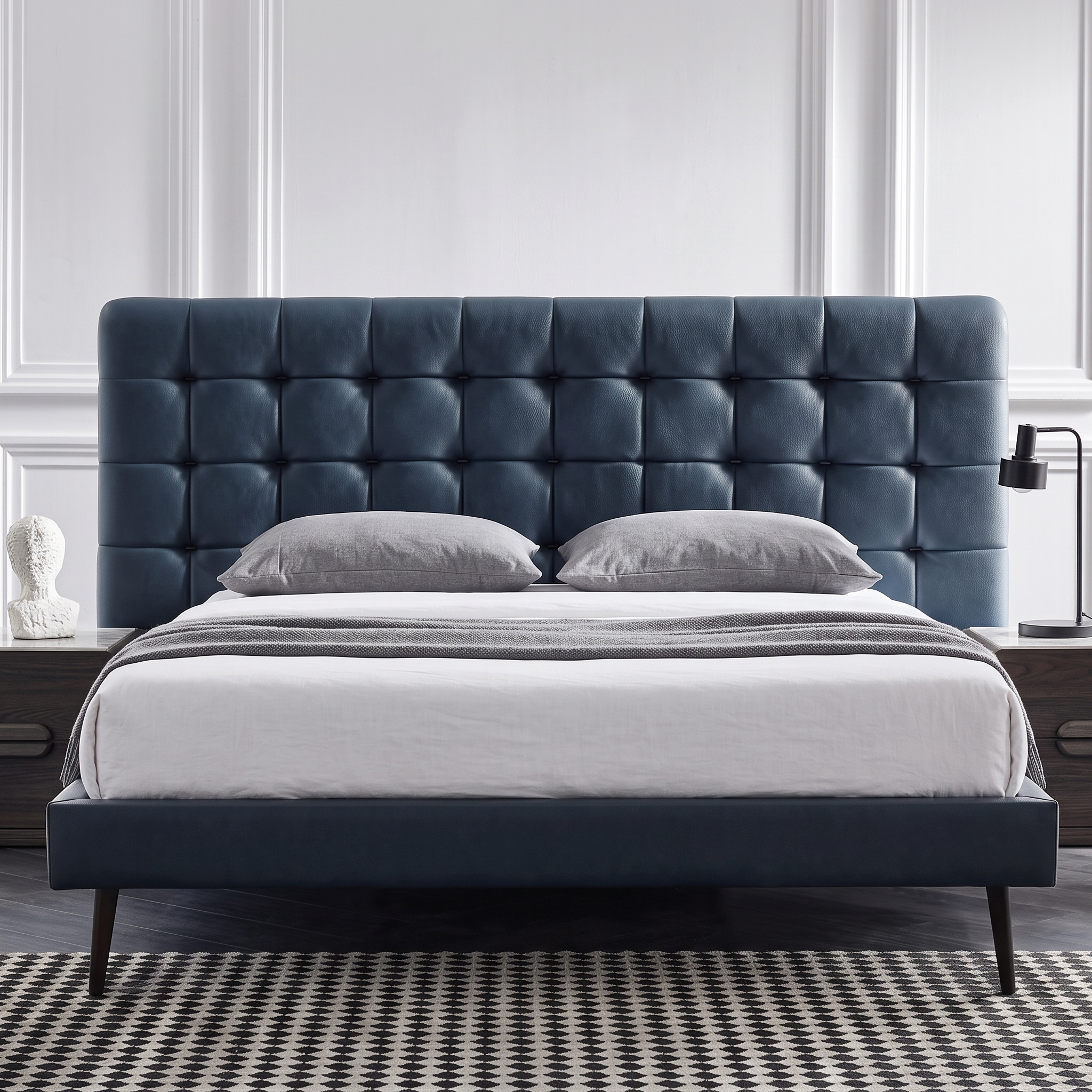 Blue Upholstered Platform Bed with Tufted Headboard Modern blue upholstered platform bed with button-tufted headboard, wooden legs, and low-profile contemporary frame for stylish bedroom décor.