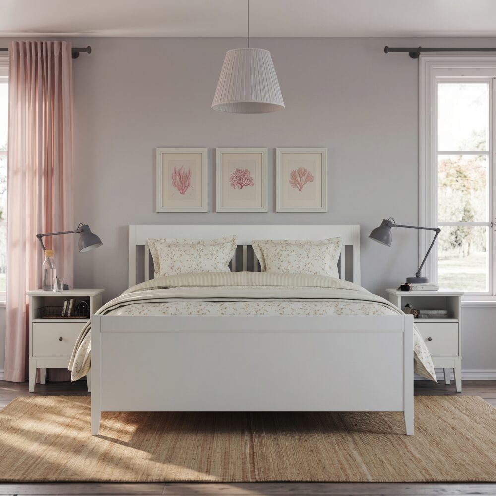 Modern white platform bed with clean panel headboard and pull-out storage drawer in a contemporary bedroom setting.