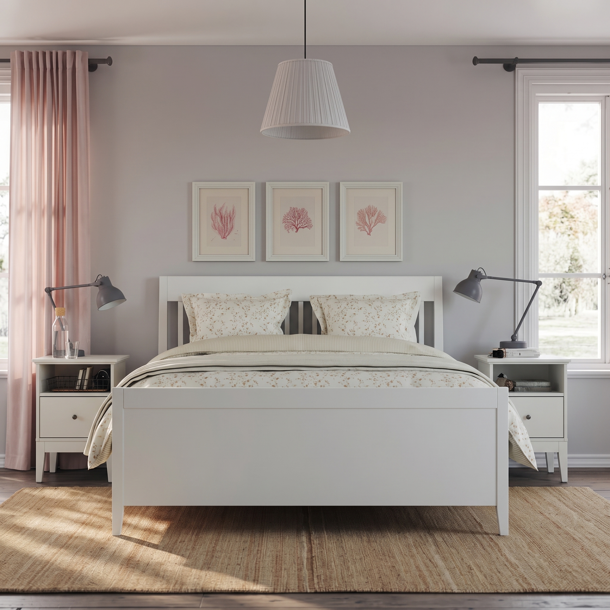 White Platform Bed with Panel Headboard & Storage Drawer Modern white platform bed with clean panel headboard and pull-out storage drawer in a contemporary bedroom setting.