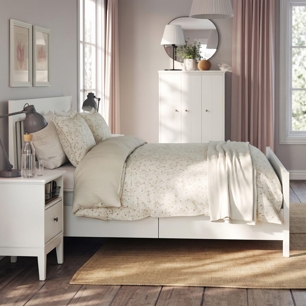 Modern white platform bed with clean panel headboard and pull-out storage drawer in a contemporary bedroom setting.