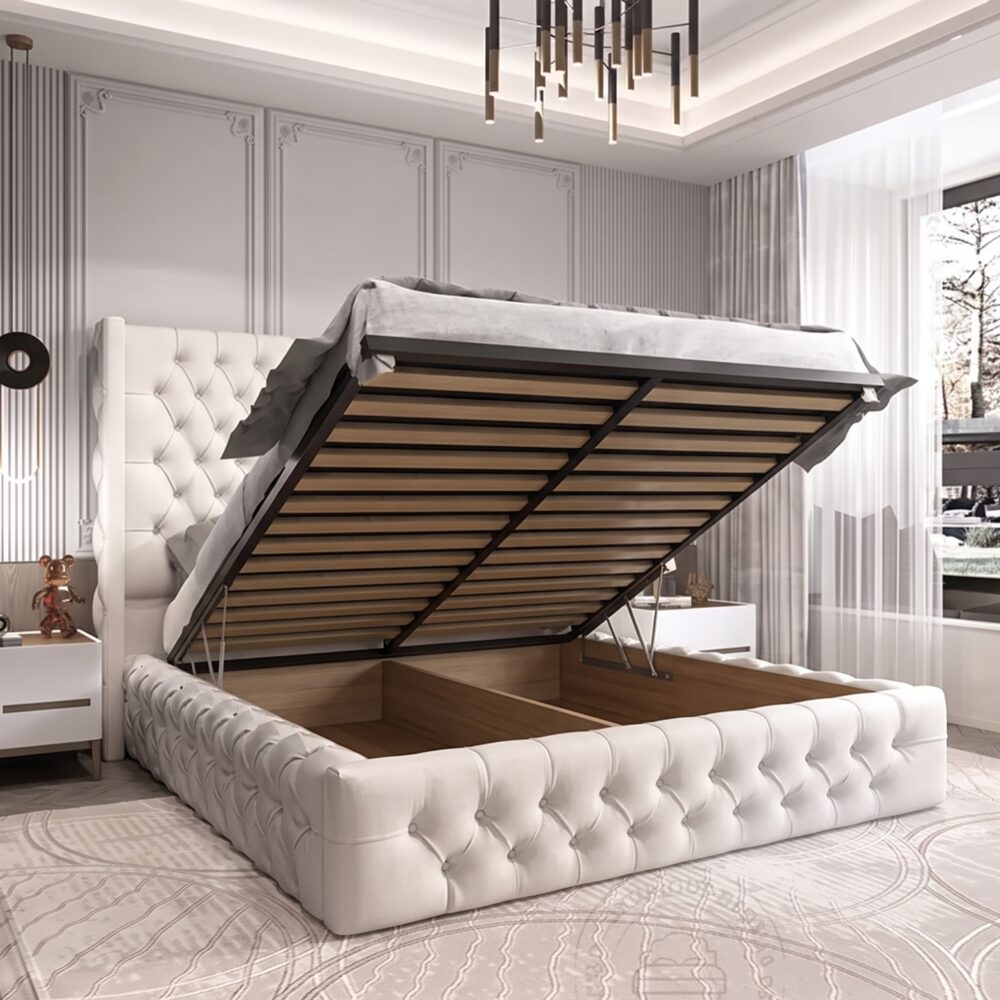 Luxury white upholstered platform bed with diamond-tufted wingback headboard and matching padded footboard in a modern bedroom.