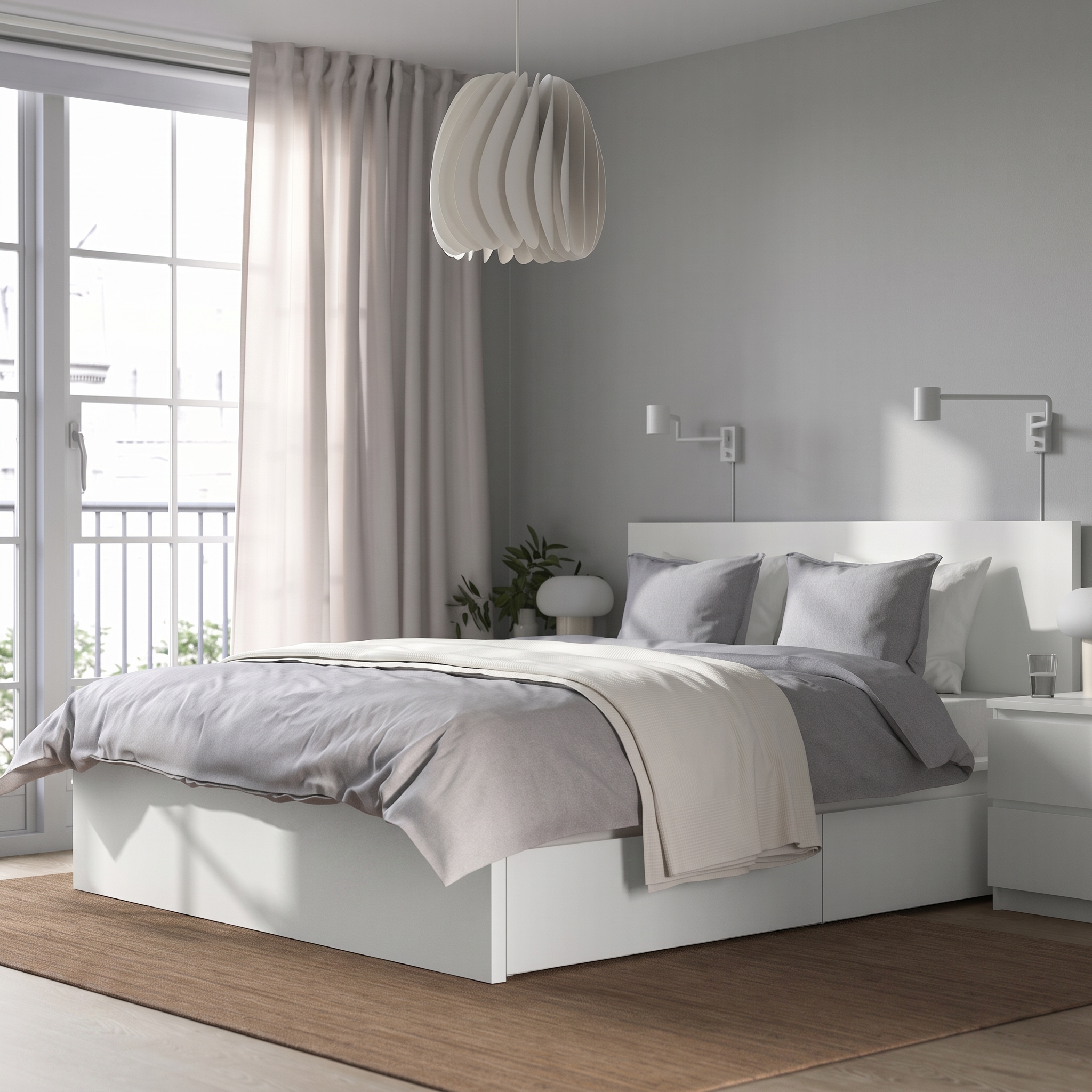 Modern White Platform Storage Bed with Storage Drawers Modern white platform storage bed with built-in drawers, minimalist headboard, contemporary bedroom furniture in matte white finish.