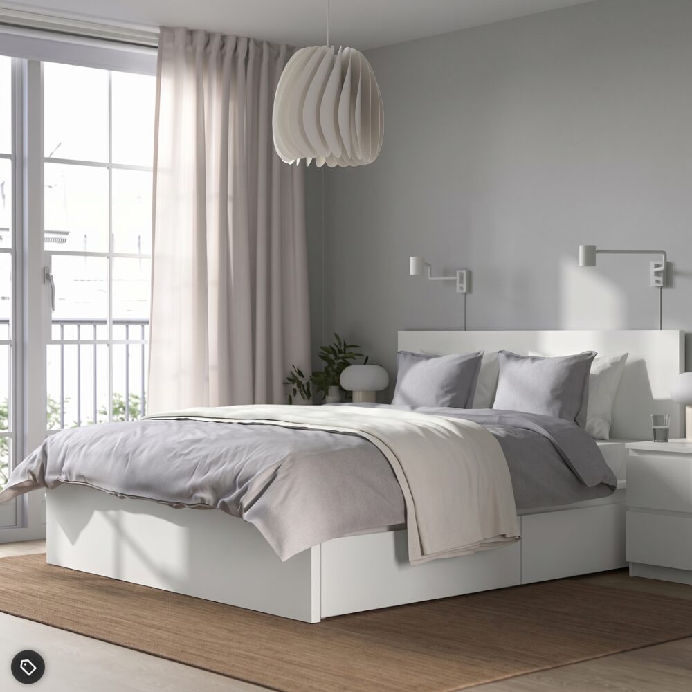 Modern white platform storage bed with built-in drawers, minimalist headboard, contemporary bedroom furniture in matte white finish.