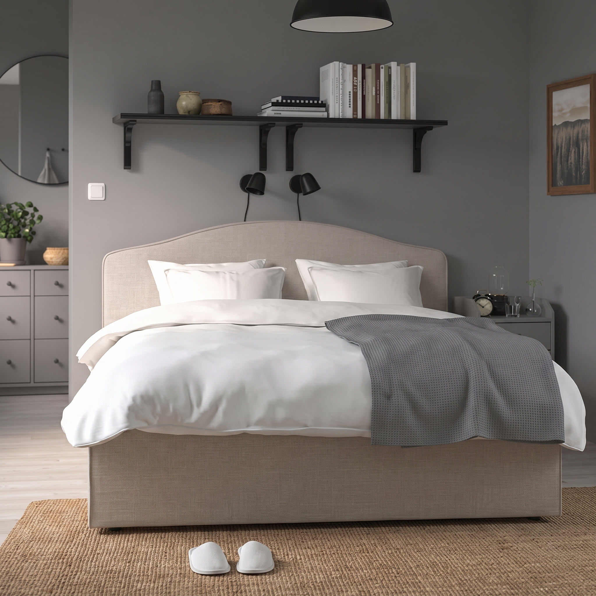 Modern Beige Upholstered Platform Bed with Curved Headboard Modern beige upholstered platform bed with curved fabric headboard, contemporary minimalist bedroom furniture, neutral fabric finish, and elegant modern design.