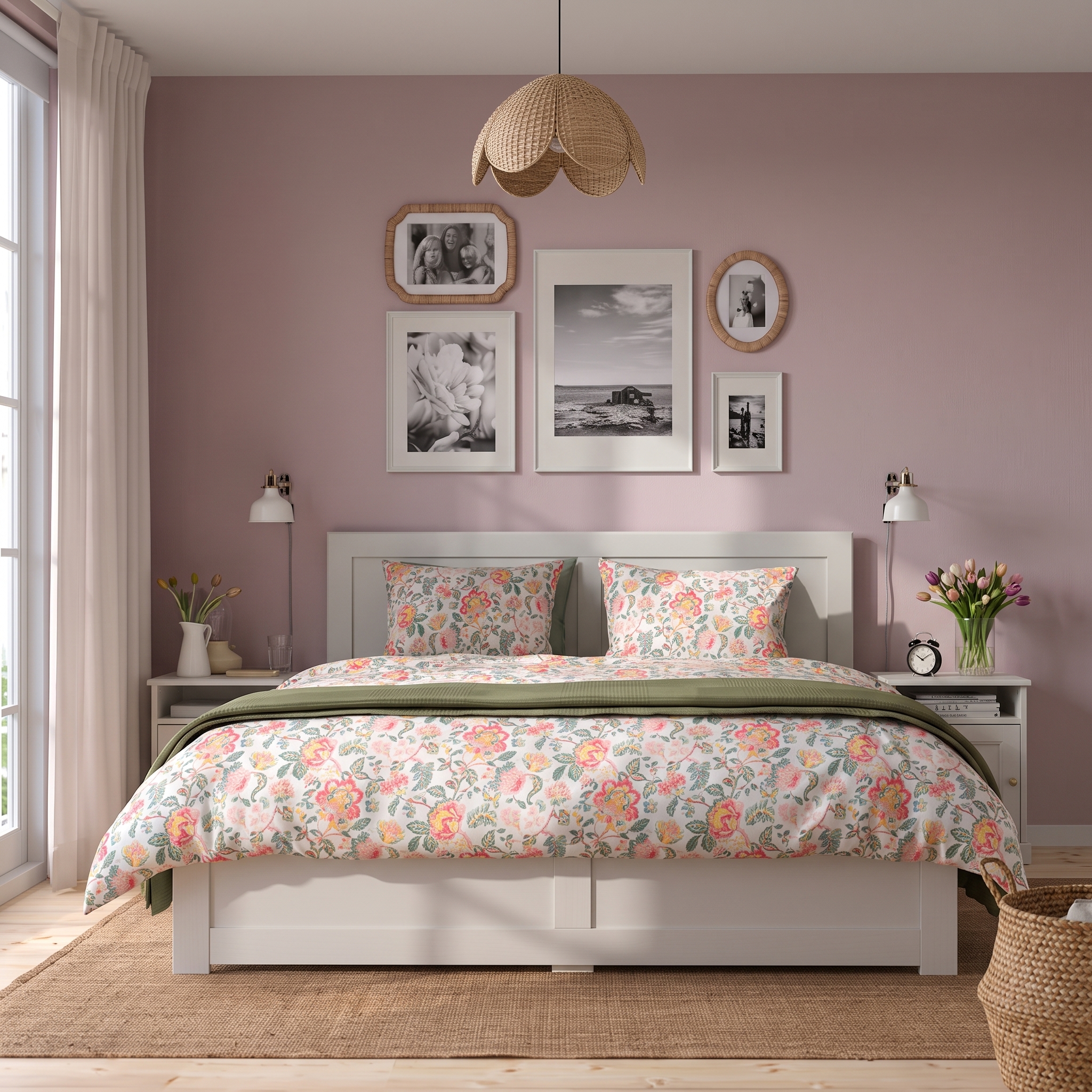 Modern White Wooden Platform Bed with Panel Headboard Modern white wooden platform bed with minimalist panel headboard, contemporary bedroom furniture, floral bedding, and clean Scandinavian-inspired design.