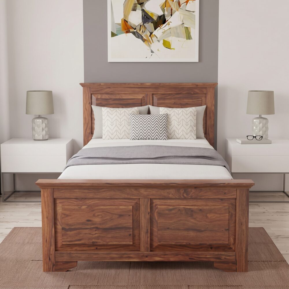 Solid Wood Platform Bed with Classic Panel Headboard – Premium Walnut Bedroom Furniture