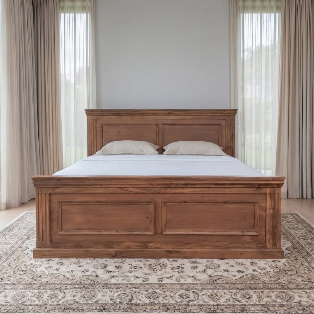 Solid Wood Platform Bed with Traditional Panel Headboard – Premium Walnut Bedroom Furniture