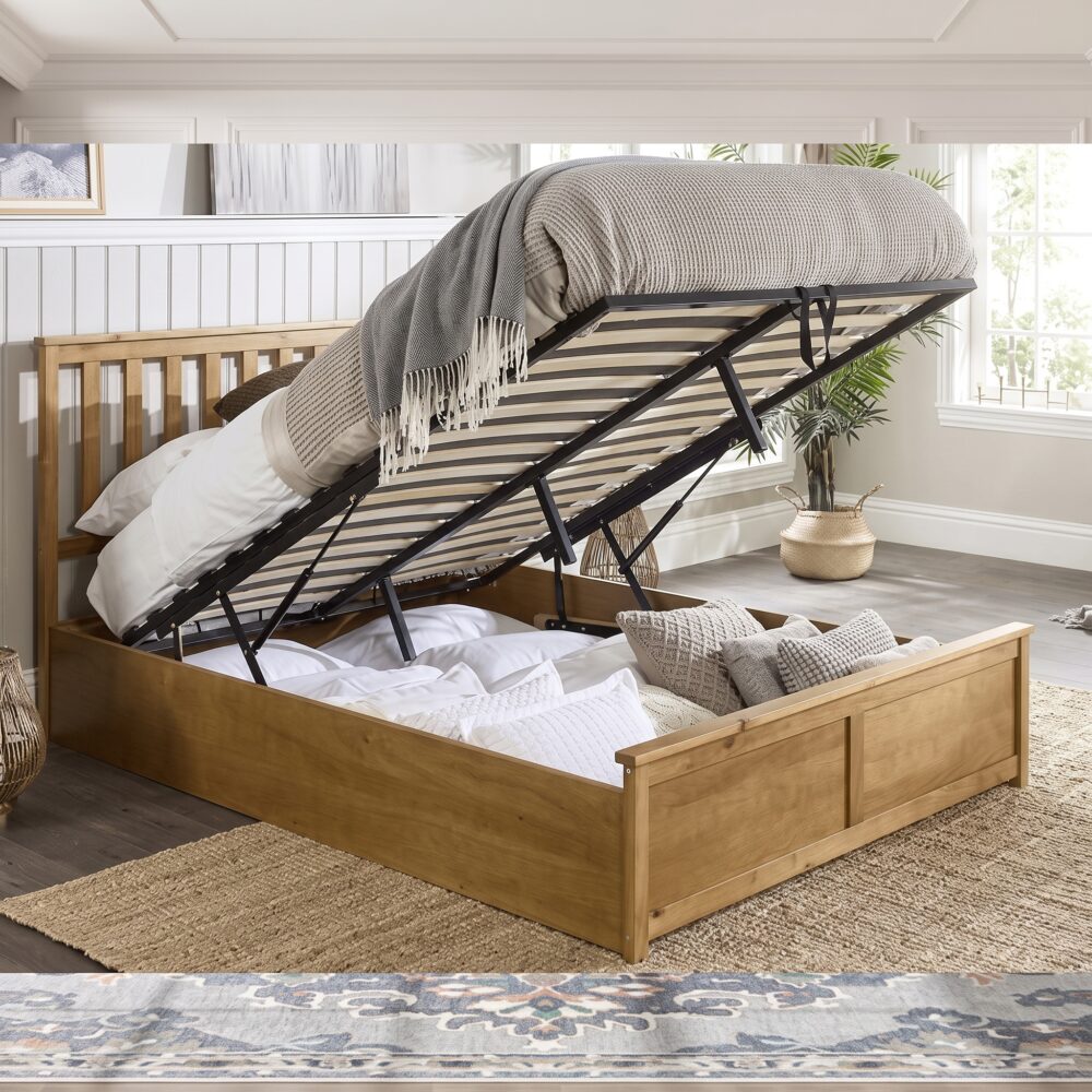 Modern natural wood platform bed with slatted headboard and storage-style base in contemporary bedroom.