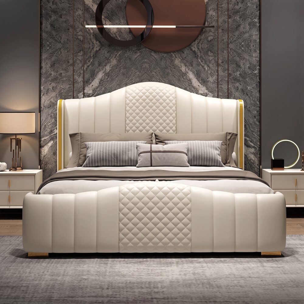 Luxury white upholstered platform bed with diamond tufted wingback headboard and matching upholstered footboard in a modern bedroom.