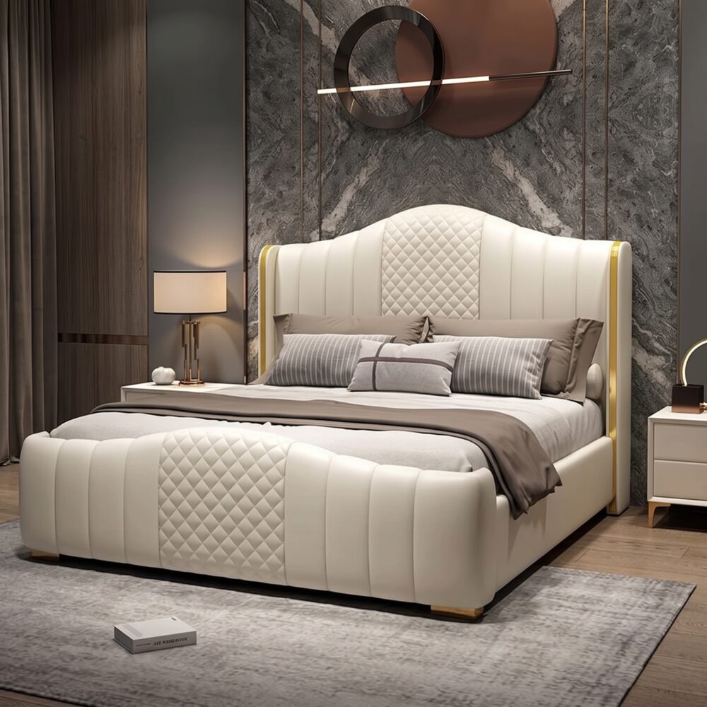 Luxury white upholstered platform bed with diamond tufted wingback headboard and matching upholstered footboard in a modern bedroom.