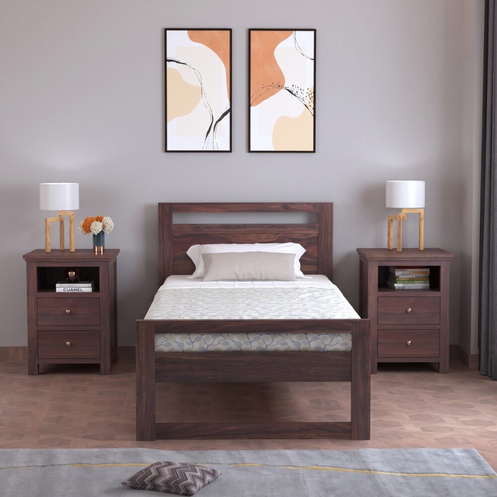 Modern walnut wooden platform bed with minimalist open headboard and sturdy frame in a contemporary bedroom.
