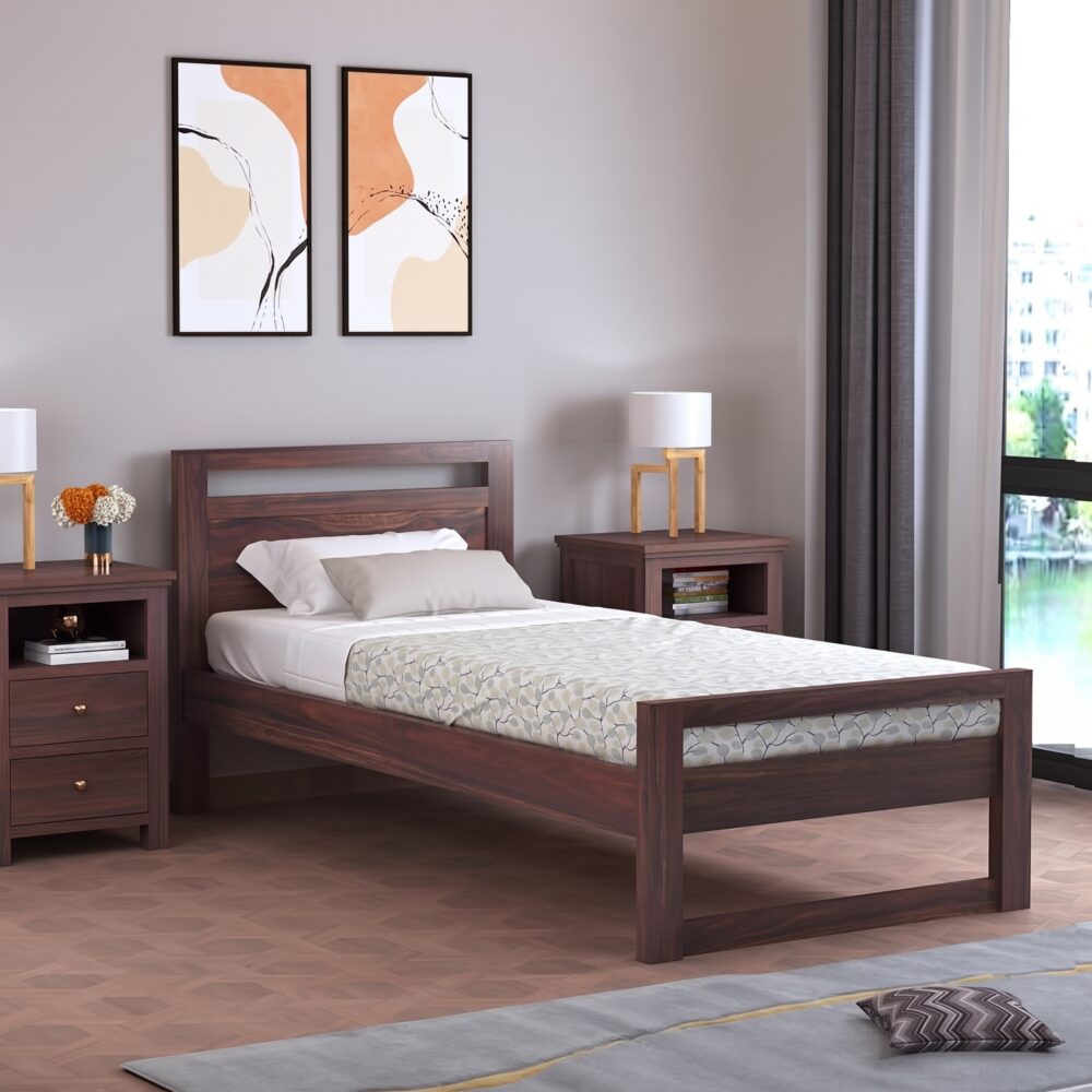 Modern walnut wooden platform bed with minimalist open headboard and sturdy frame in a contemporary bedroom.