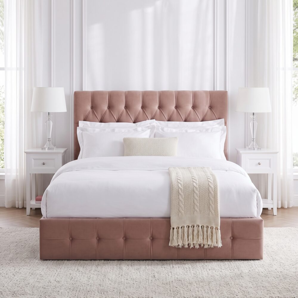 Luxury blush pink velvet upholstered platform bed with diamond button tufted headboard, modern bedroom furniture, and elegant contemporary design.