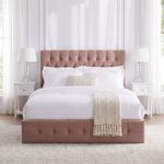 Luxury blush pink velvet upholstered platform bed with diamond button tufted headboard, modern bedroom furniture, and elegant contemporary design.