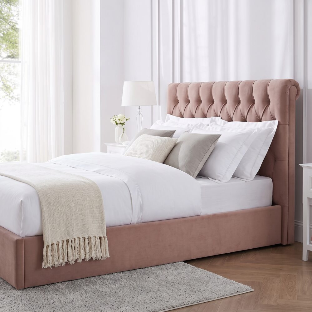 Luxury blush pink velvet upholstered platform bed with diamond button tufted headboard, modern bedroom furniture, and elegant contemporary design.