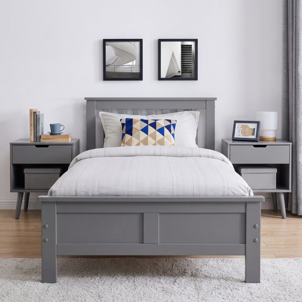 Modern grey wooden platform bed with a classic panel headboard and footboard, contemporary bedroom furniture featuring a durable engineered wood frame and minimalist design.