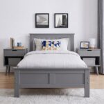 Modern grey wooden platform bed with a classic panel headboard and footboard, contemporary bedroom furniture featuring a durable engineered wood frame and minimalist design.