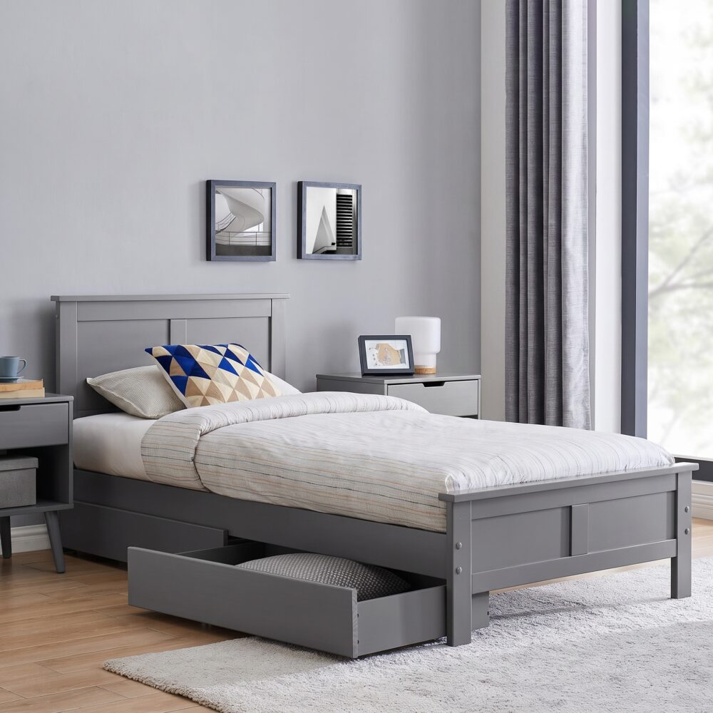 Modern grey wooden platform bed with a classic panel headboard and footboard, contemporary bedroom furniture featuring a durable engineered wood frame and minimalist design.