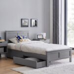 Modern grey wooden platform bed with a classic panel headboard and footboard, contemporary bedroom furniture featuring a durable engineered wood frame and minimalist design.