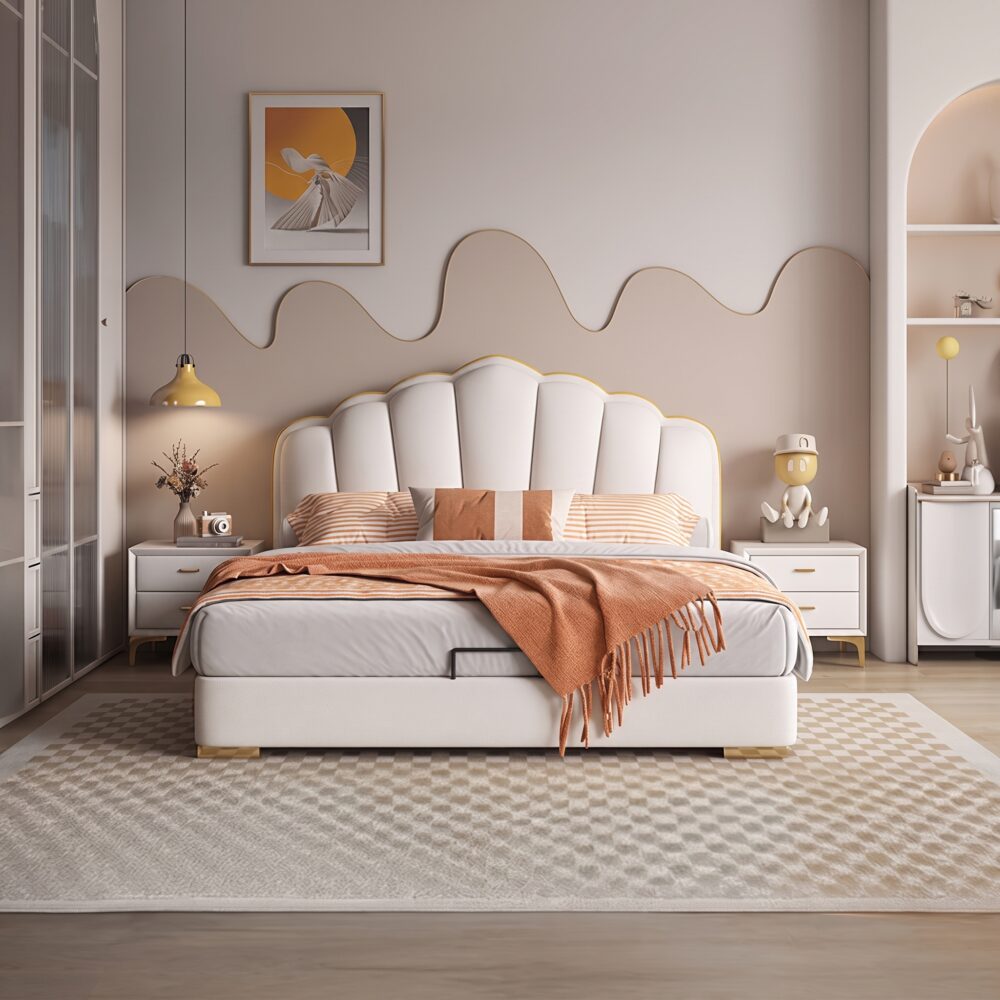 Luxury white upholstered platform bed with a scalloped padded headboard, gold trim accents, modern designer bedroom furniture, and contemporary upholstered frame.
