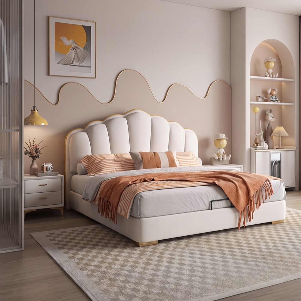 Luxury white upholstered platform bed with a scalloped padded headboard, gold trim accents, modern designer bedroom furniture, and contemporary upholstered frame.