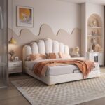 Luxury white upholstered platform bed with a scalloped padded headboard, gold trim accents, modern designer bedroom furniture, and contemporary upholstered frame.