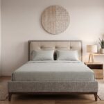 Modern beige upholstered platform bed frame with button-tufted headboard, walnut wood legs, and contemporary minimalist bedroom décor.