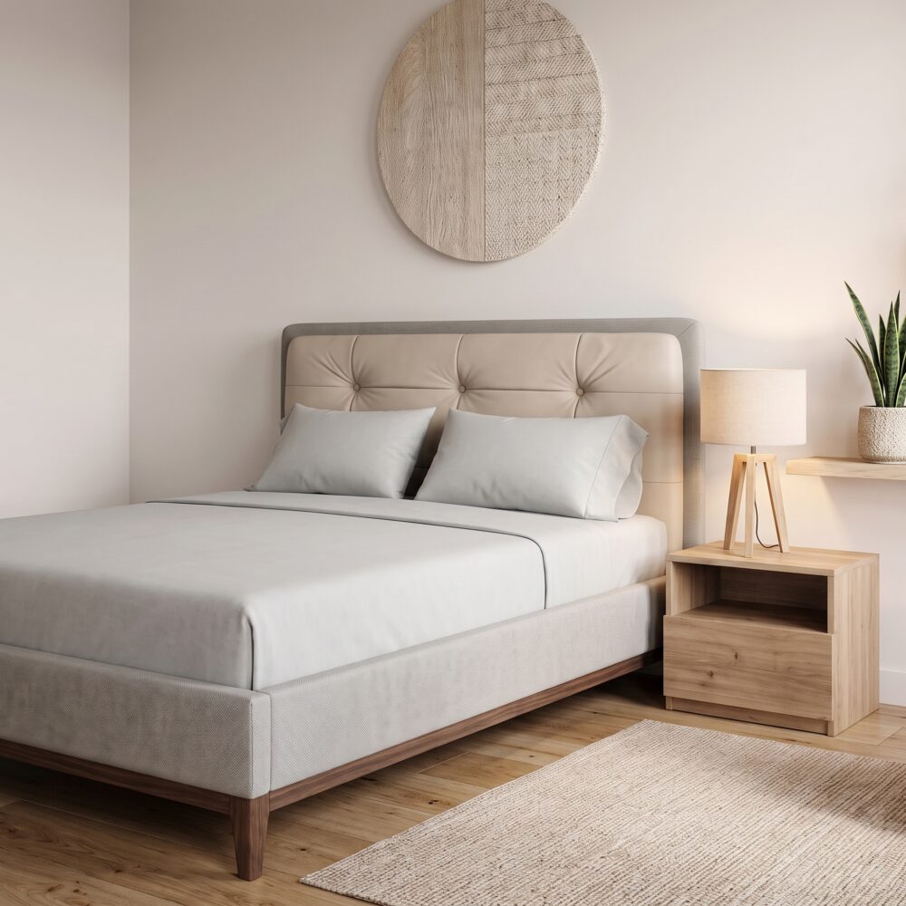 Modern beige upholstered platform bed frame with button-tufted headboard, walnut wood legs, and contemporary minimalist bedroom décor.