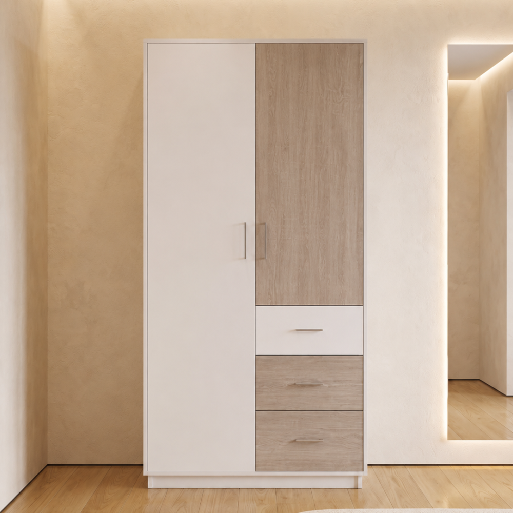 Modern 2-door wardrobe with three drawers, hanging rail, and storage shelves in white and light oak finish.