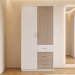 Modern 2-door wardrobe with three drawers, hanging rail, and storage shelves in white and light oak finish.